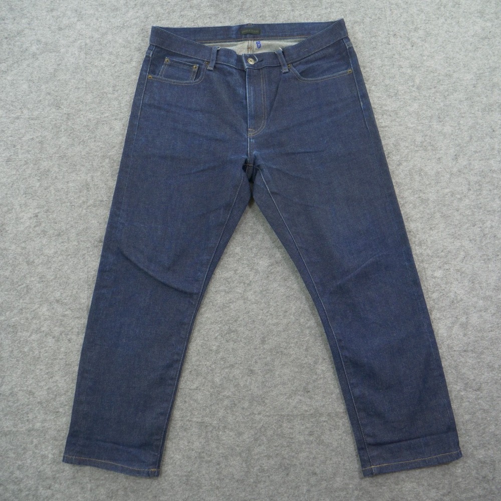 Uniqlo Jeans Mens Blue 33 Straight Leg Selvedge Mid Rise Zip Fly Dark Wash